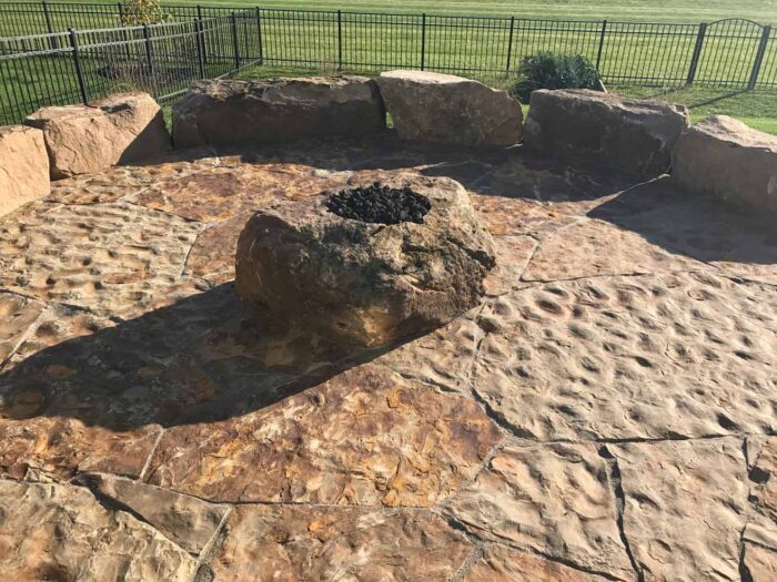 Colfax Slab Patio with Weathered Sandstone Seat Wall
